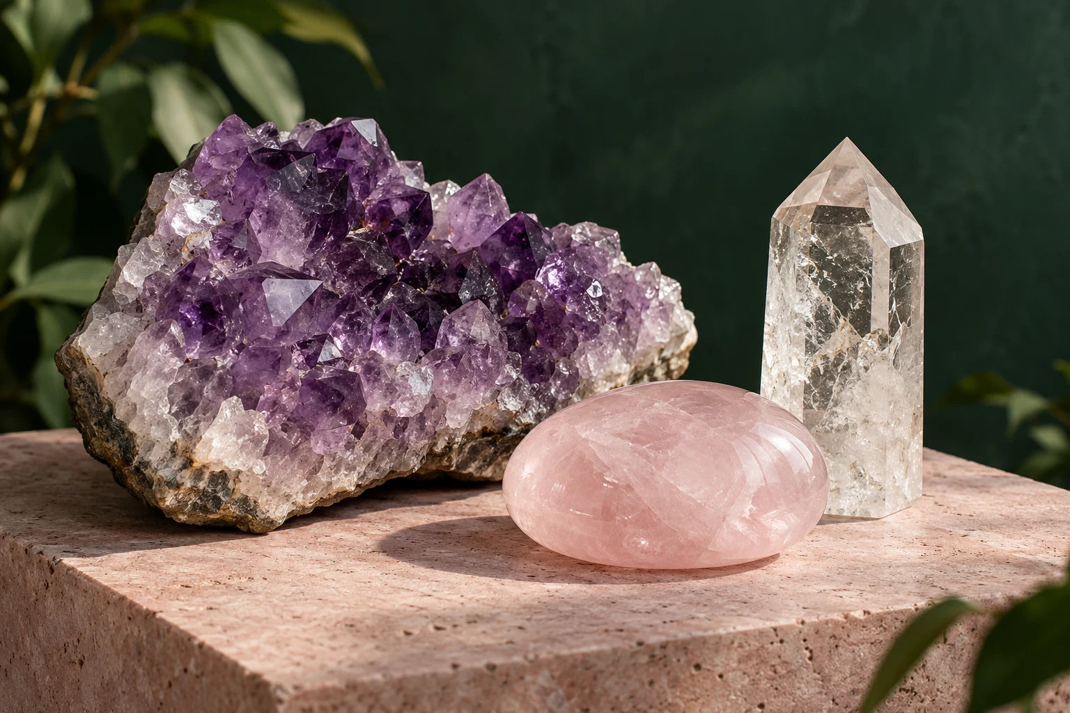 Amethyst, Rosenquarz und Bergkristall mit ihren einzigartigen Strukturen