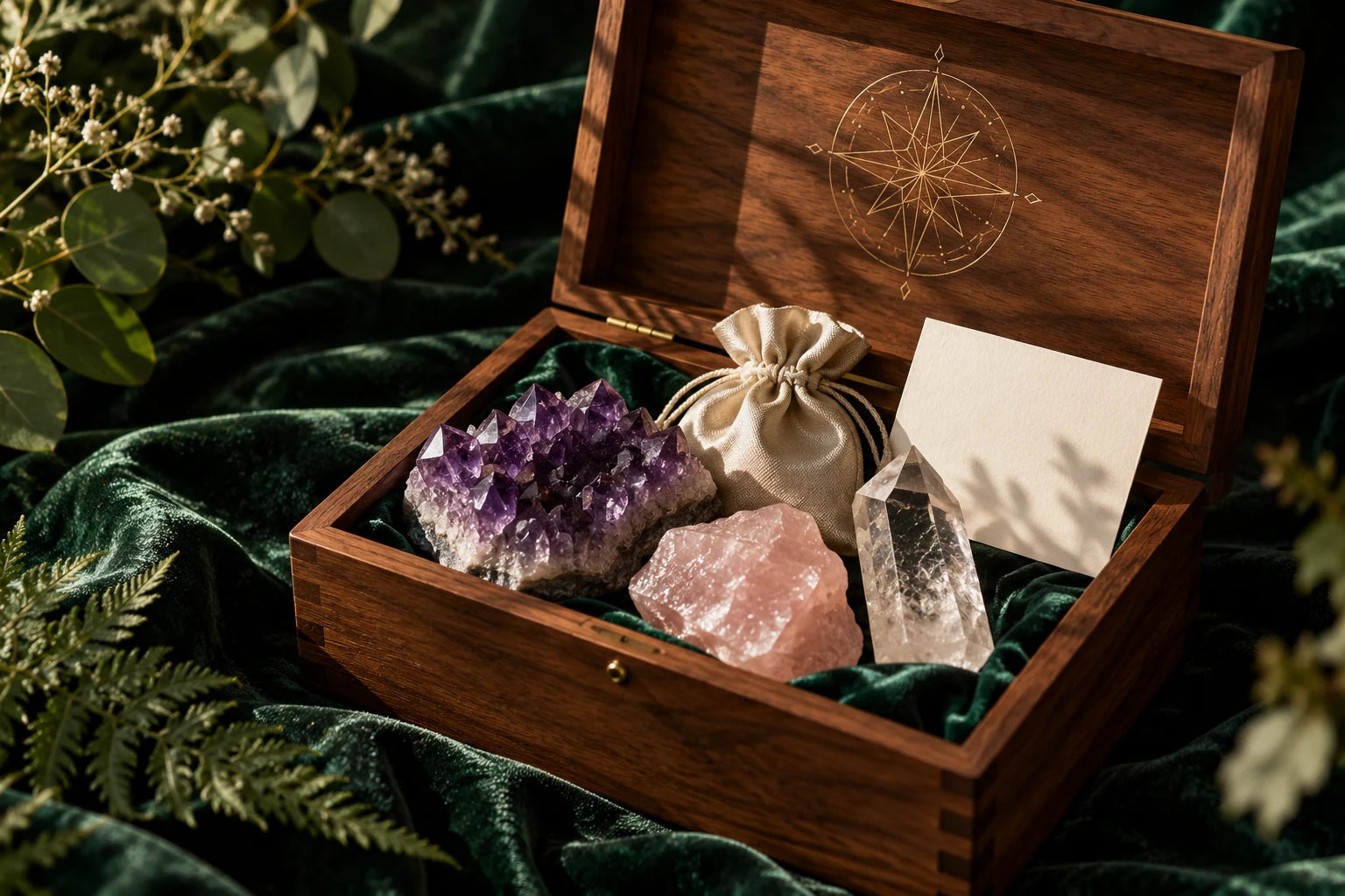 Offene Holzbox mit funkelndem Amethyst, Rosenquarz und Bergkristall auf grünem Samt
